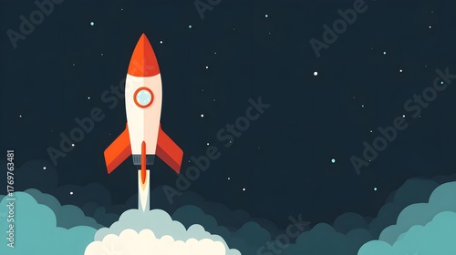 Fototapeta Naklejka Na Ścianę i Meble -  Illustration of a rocket in space concept. Flat illustration of a rocket in space with clouds, stars and planets