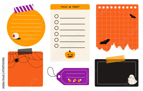 Set of Halloween paper notes. Cute memo pad with Halloween spooky ghost, pumpkin, bad, spider and candy corn for reminders, to do list, planner, memo, schedule.