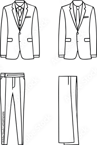 Formal men’s suit set, elegant blazer and pants outline, business clothing design, fashion illustration, stylish apparel sketch, flat vector illustration