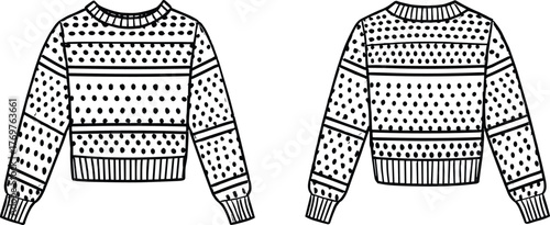 Polka dot sweater design, knitted pullover illustration, cozy winter clothing sketch, stylish fashion apparel template, warm casual outfit concept, flat vector illustration