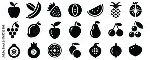 Black and white fruit icons set perfect for menu designs, healthy eating campaigns, and educational resources about nutrition and food sources
