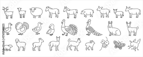 Adorable farm animals illustrations for children's books or educational materials featuring goats, sheep, horses, pigs, poultry, and insects