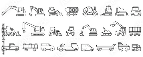 Line art construction vehicles and trucks deliver a bold industrial vibe for modern designs and transportation themes in elegant black and white