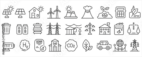 Empowering sustainability strategies with eco conscious black line icons, promoting renewable energy, reducing carbon footprint, for a greener future