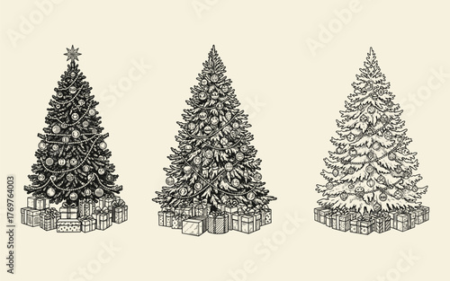Set of three decorated Christmas trees with gifts in a vintage hand-drawn engraving style