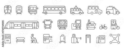 Outline transport icons showcasing vehicles like buses, trains, taxis, and bikes for modern transit apps and urban mobility projects