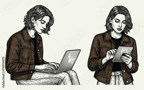 Young woman working remotely on a laptop and a tablet in a vintage hand drawn engraving style
