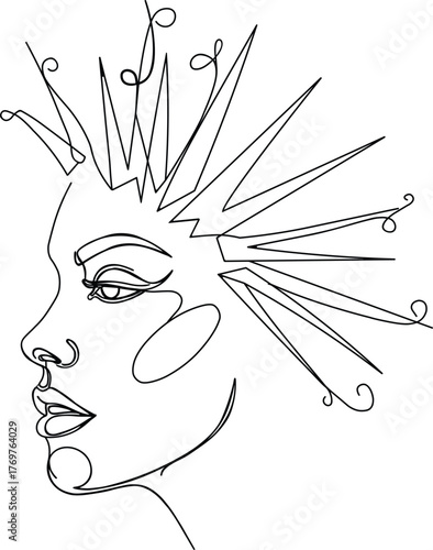 Abstract one line art of woman face with geometric hair design on white background