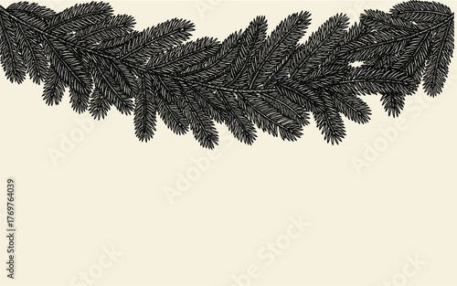 Christmas pine branch garland in a vintage hand-drawn engraving style creating a festive top border