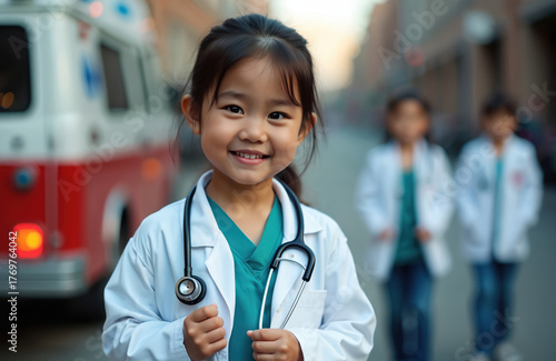 Asian girl in doctor coat smiles. Child plays medic with stethoscope in front of ambulance. Kids envision future profession. Children pretend medics exploring role play career dream. Imagination