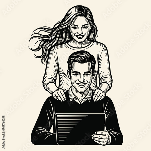 Happy smiling couple in a vintage engraving style, with the woman supporting the man using a tablet