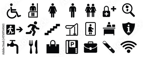 Essential black vector icon collection for accessible buildings and public spaces guidance, design elements, signs, and wayfinding systems