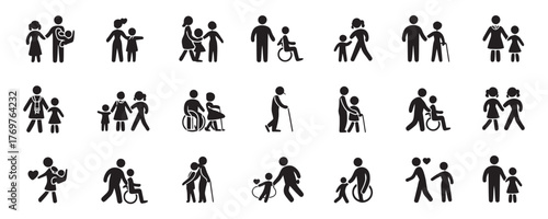 Diverse community stick figures showing family care, support and love across generations and abilities in simple black and white design elements
