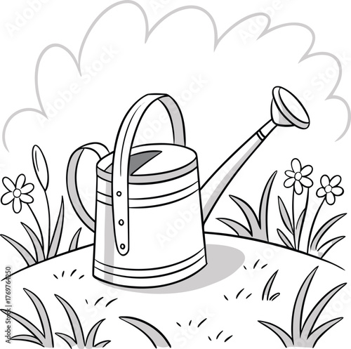 A vector illustration of a watering can with flowers is a cartoon icon or sketch on a white background, a symbol of nature and art