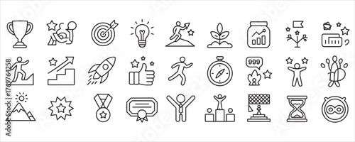 Achieve your goals with this success vector icon set featuring trophies, targets, and career growth opportunities for your next project