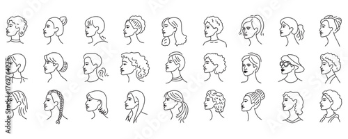 Diverse set of woman profile illustrations for modern brand identity and inclusive design projects, representing beauty, diversity, and style variations