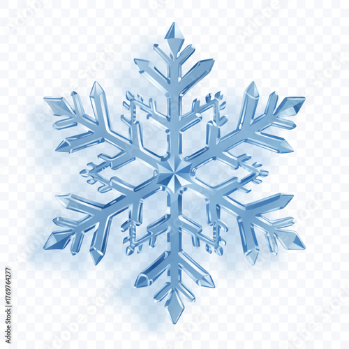 A complex, six-pointed snowflake with crystalline facets in shades of blue with soft shadow on a transparent background. Transparency only in vector format.