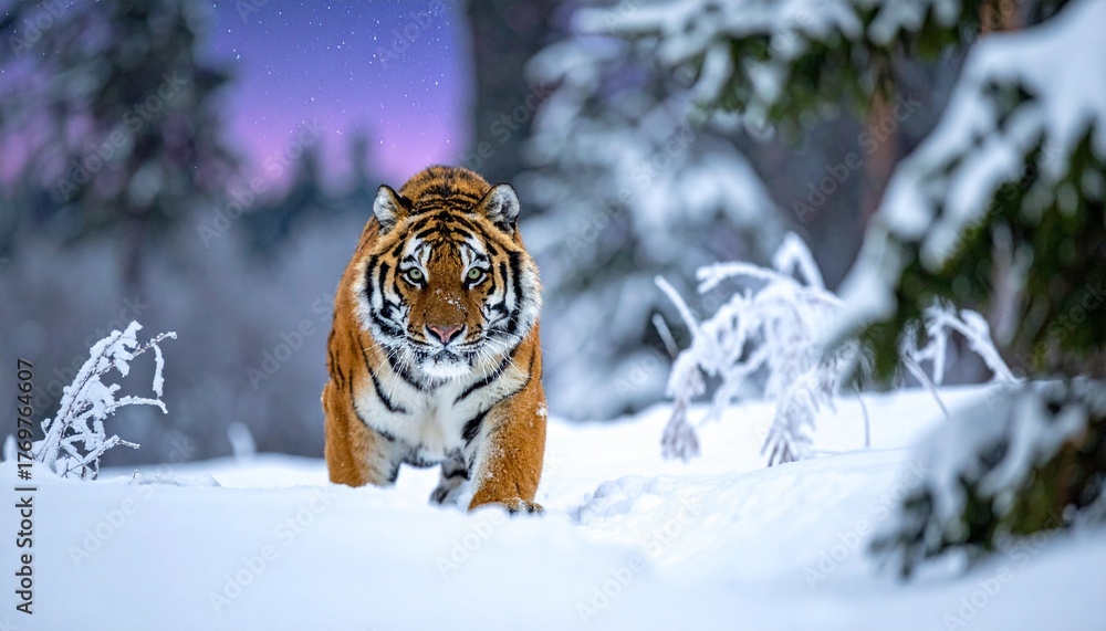 Obraz premium Powerful Siberian Tiger of Russia Stalking in Snowy Taiga at Twilight