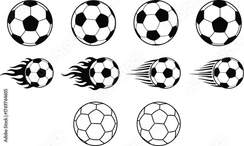 Soccer ball icon, football graphic, sports symbol, motion effect, black and white, speed lines, flame trail, flat vector illustration