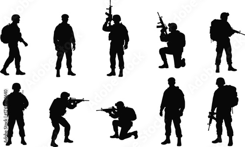 Armed soldier silhouettes, military poses, combat stances, rifle holding figures, tactical movement, war action, defense illustration, flat vector illustration