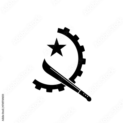 Vector angolan monochrome pattern combining a curved cog segment, upright blade, and five-pointed star, arranged as a seamless repeat
