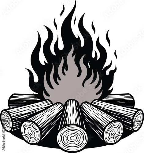 Campfire silhouette, burning firewood illustration, outdoor flame icon, camping fire setup, flat vector illustration, wood logs, flickering flame, night warmth