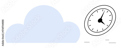 Blue cloud beside tilted clock with flying lines evokes speed, efficiency, and organization. Ideal for cloud computing, data syncing, time tracking, productivity, workflow, remote work digital