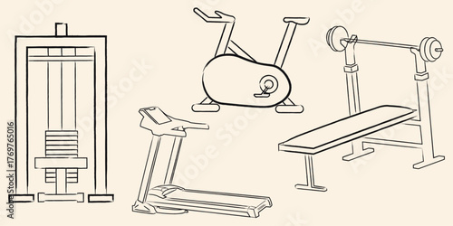 gym machine equipment set line art vector