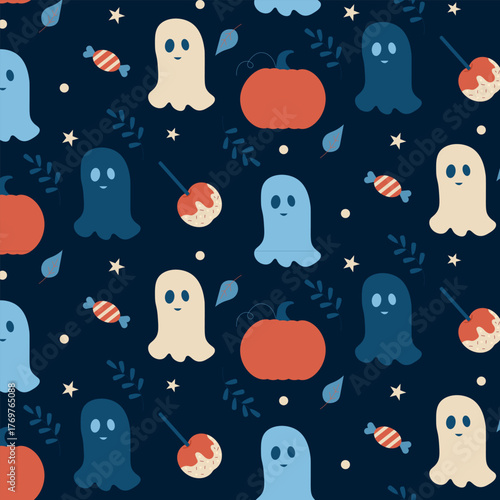 Cute Halloween Ghosts and Pumpkins Seamless Pattern