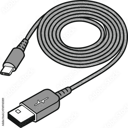 Modern electric vehicle charging cable icon and illustration