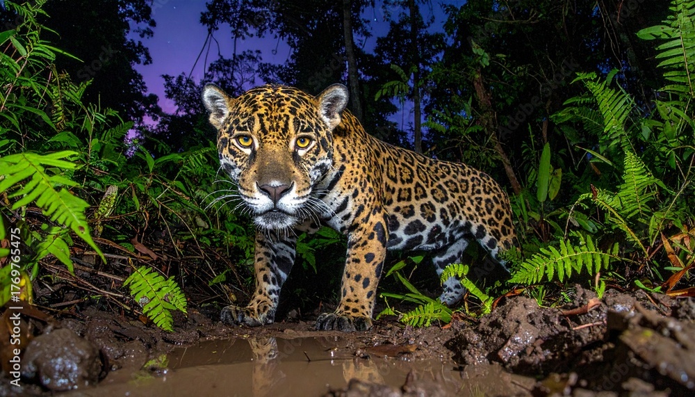 Obraz premium Fierce Jaguar of Belize Prowling in Jungle at Twilight