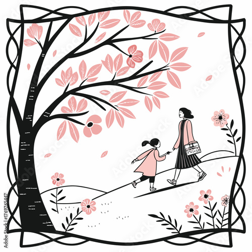 Vector illustration of a couple in silhouette under a spring cherry blossom tree branch with pink flower and leaf design for a wedding or valentine love heart card