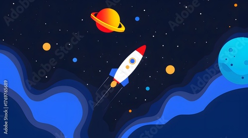Fototapeta Naklejka Na Ścianę i Meble -  Illustration of a rocket in space concept. Flat illustration of a rocket in space with clouds, stars and planets
