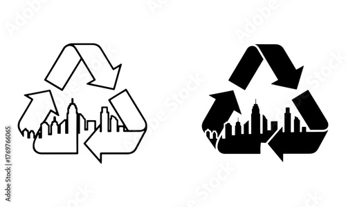 Urban Recycling with city skyline Icons in Outline and Solid Black Vector
