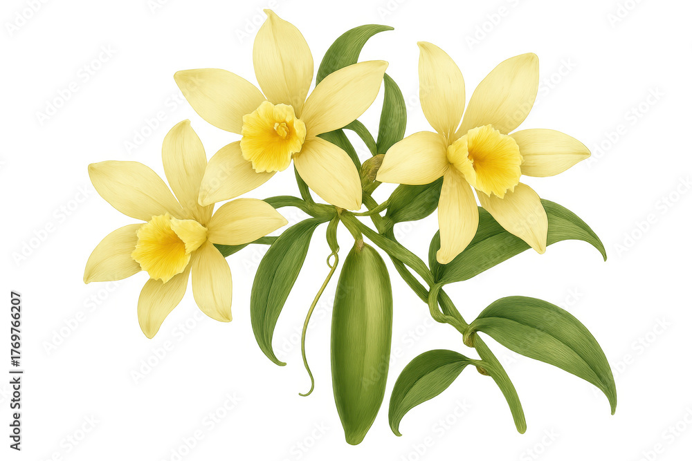 Naklejka premium Vanilla orchid flowering with bean pod and green leaves, botanical plant illustration on transparent background