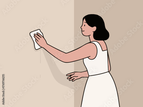 A simple line illustration of a woman cleaning. Deep cleaning. Wiping down surfaces. Housework. Housekeeping service.