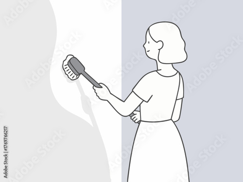 A simple line illustration of a woman cleaning. Deep cleaning. Wiping down surfaces. Housework. Housekeeping service.