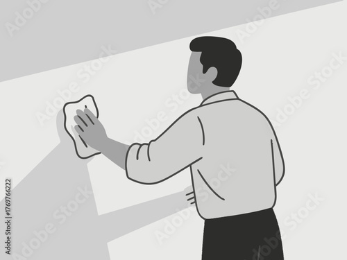 A simple line illustration of a man cleaning. Deep cleaning. Wiping down surfaces. Housework. Housekeeping service.