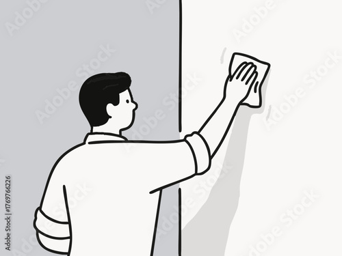 A simple line illustration of a man cleaning. Deep cleaning. Wiping down surfaces. Housework. Housekeeping service.