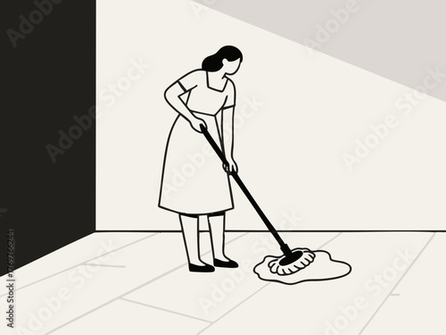 A simple line illustration of a woman cleaning. Deep cleaning. Wiping down surfaces. Housework. Housekeeping service.