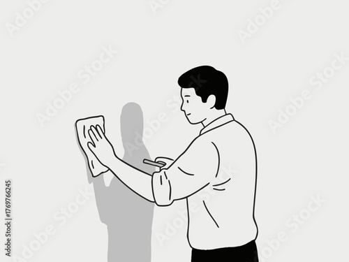 A simple line illustration of a man cleaning. Deep cleaning. Wiping down surfaces. Housework. Housekeeping service.