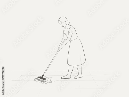 A simple line illustration of a woman cleaning. Deep cleaning. Wiping down surfaces. Housework. Housekeeping service.
