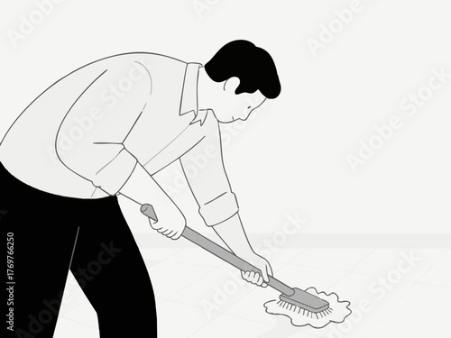 A simple line illustration of a man cleaning. Deep cleaning. Wiping down surfaces. Housework. Housekeeping service.