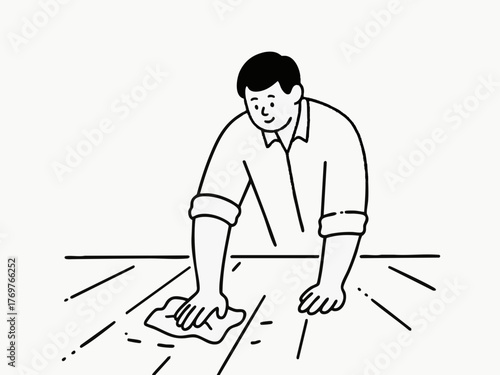 A simple line illustration of a man cleaning. Deep cleaning. Wiping down surfaces. Housework. Housekeeping service.