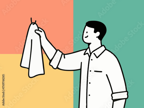 A simple line illustration of a man hanging laundry. Deep cleaning. Wiping down surfaces. Housework. Housekeeping service.