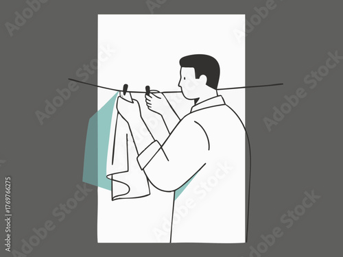 A simple line illustration of a man hanging laundry. Deep cleaning. Wiping down surfaces. Housework. Housekeeping service.
