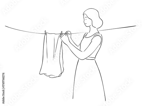 A simple line illustration of a woman hanging laundry. Deep cleaning. Wiping down surfaces. Housework. Housekeeping service.
