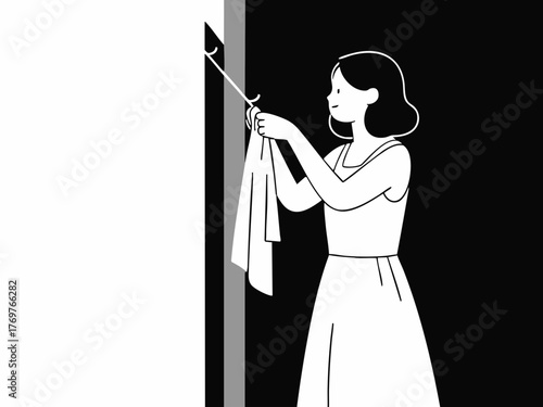 A simple line illustration of a woman hanging laundry. Deep cleaning. Wiping down surfaces. Housework. Housekeeping service.