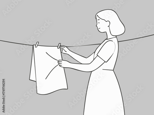 A simple line illustration of a woman hanging laundry. Deep cleaning. Wiping down surfaces. Housework. Housekeeping service.