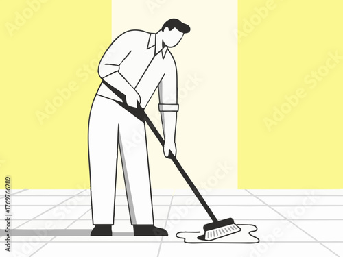 A simple line illustration of a man cleaning. Deep cleaning. Wiping down surfaces. Housework. Housekeeping service.